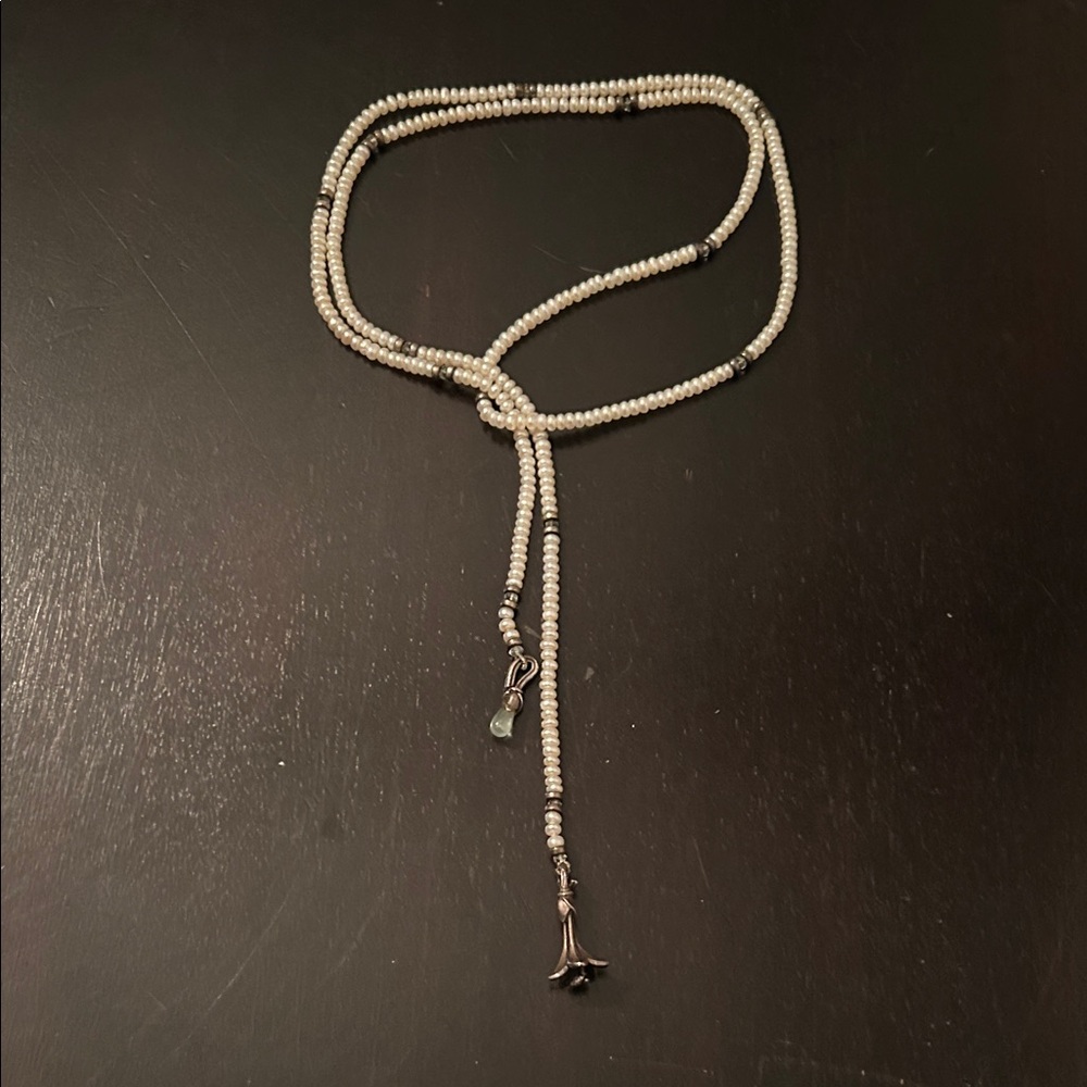 Vintage Mignon Faget Lily Silver and Pearl Bead Lariat Necklace